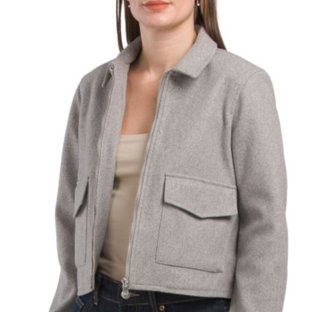 TRUTH Collared Lined Zip Up Cropped Boucle Grey Jacket w Front Patch Pockets